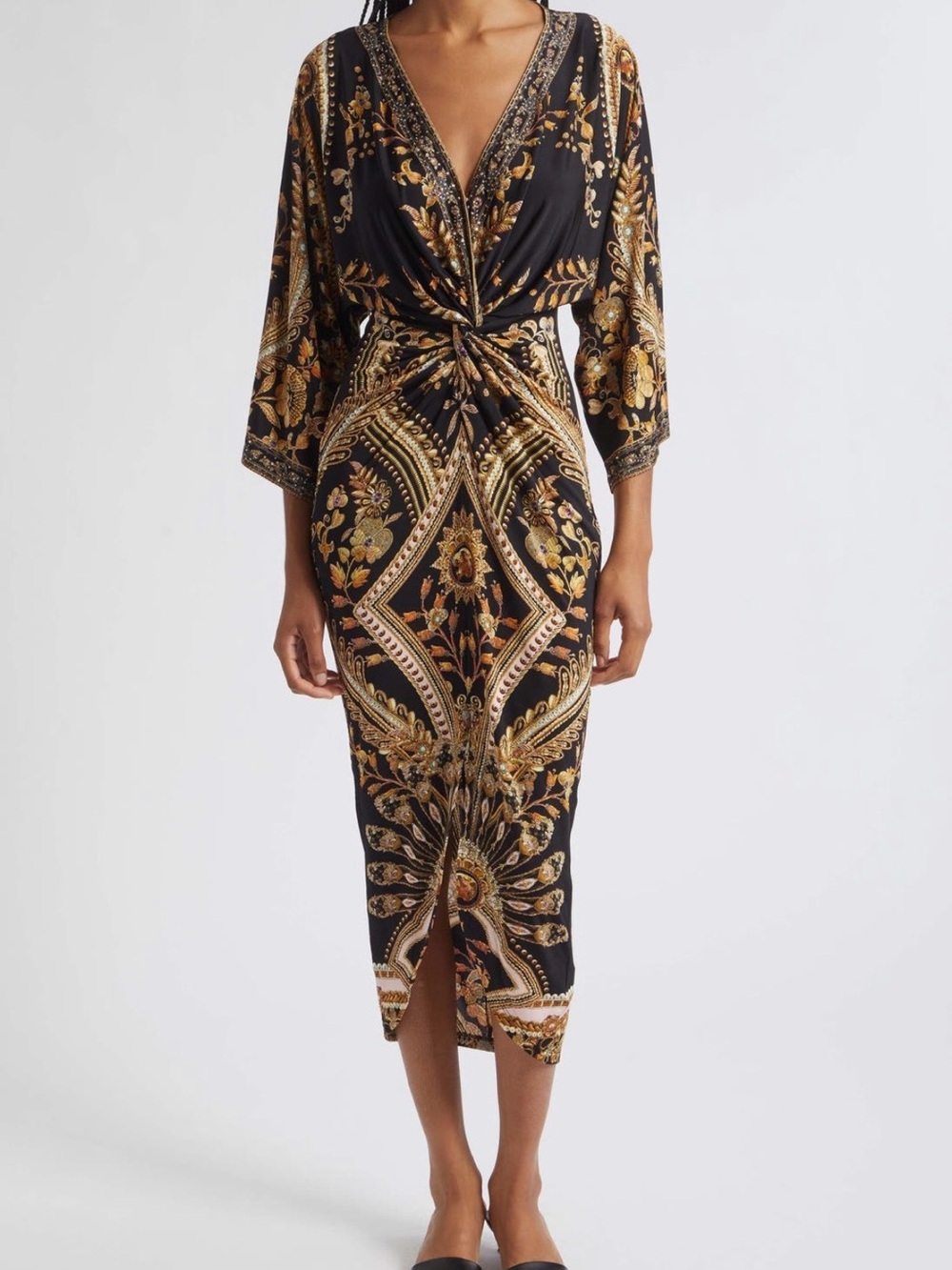Camilla Black and Gold Twist-Front Midi Dress